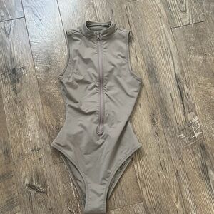 SKIMS Taupe Zip-Front One Piece Swimsuit